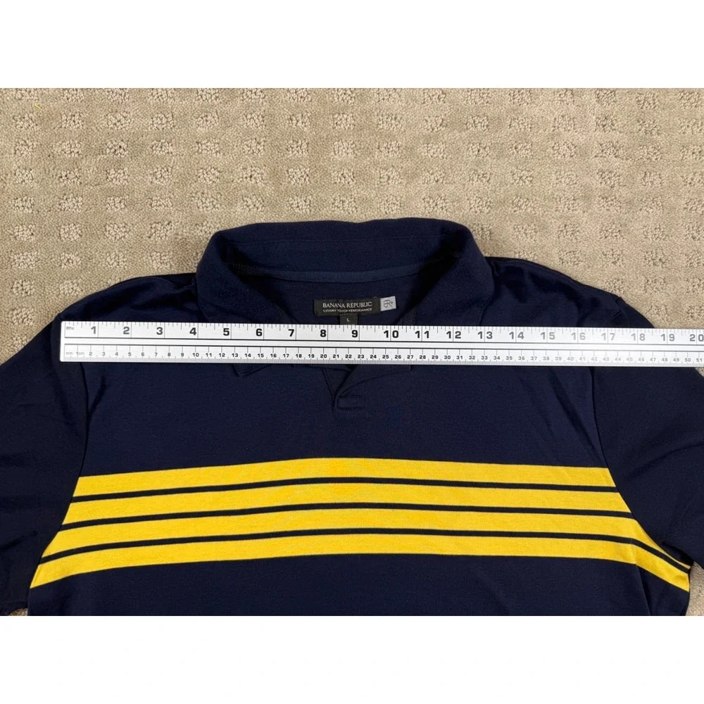 Mens Banana Republic Polo Golf Shirt Striped Navy Yellow Short Sleeve Sz L #1348